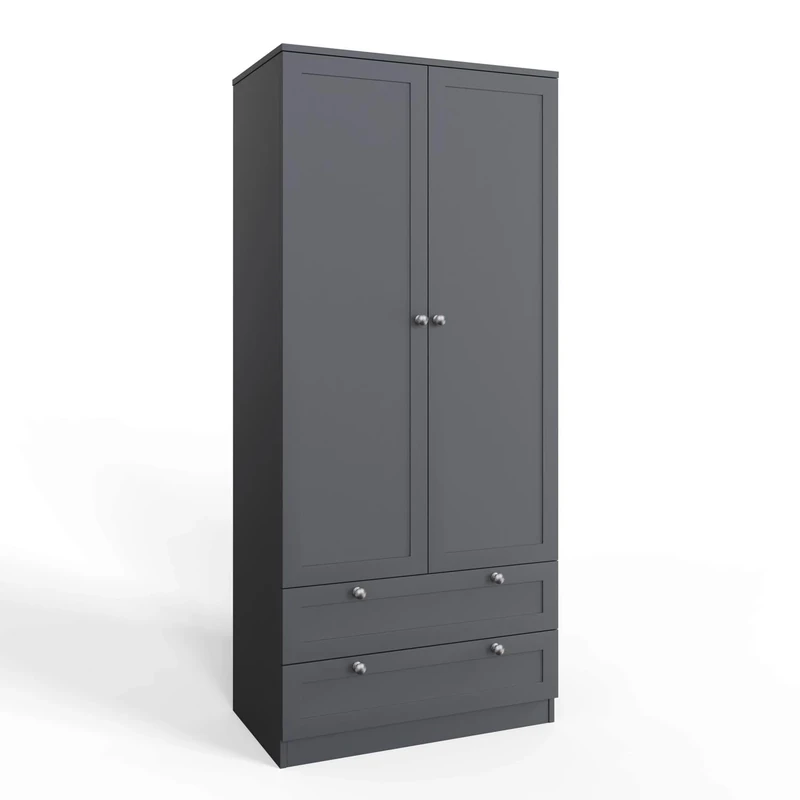 FWStyle Matt Grey 2 Door 2 Drawer Combination Wardrobe with Shaker Style Doors, Hanging Rail Storage Cabinet with Chrome Handles, Bedroom Wardrobe H180 x W80 x D50cm