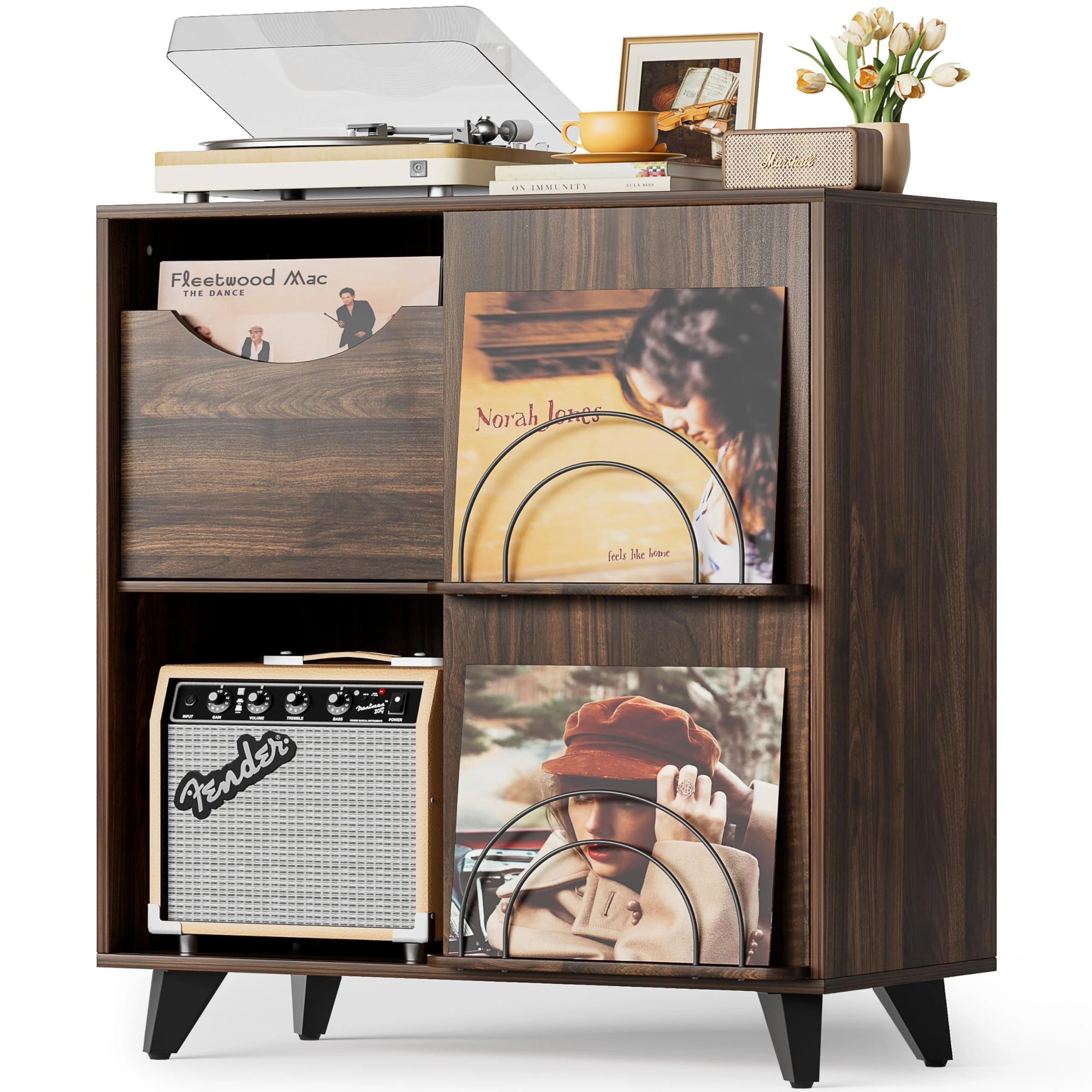 Bikoney Record Player Stand with Vinyl Display and 2 Drawers, Wooden Turntable Side Table and TV Stand Cabinet, Fits All Record Players and Speakers, Vinyl Record Storage for Living Room or Bedroom