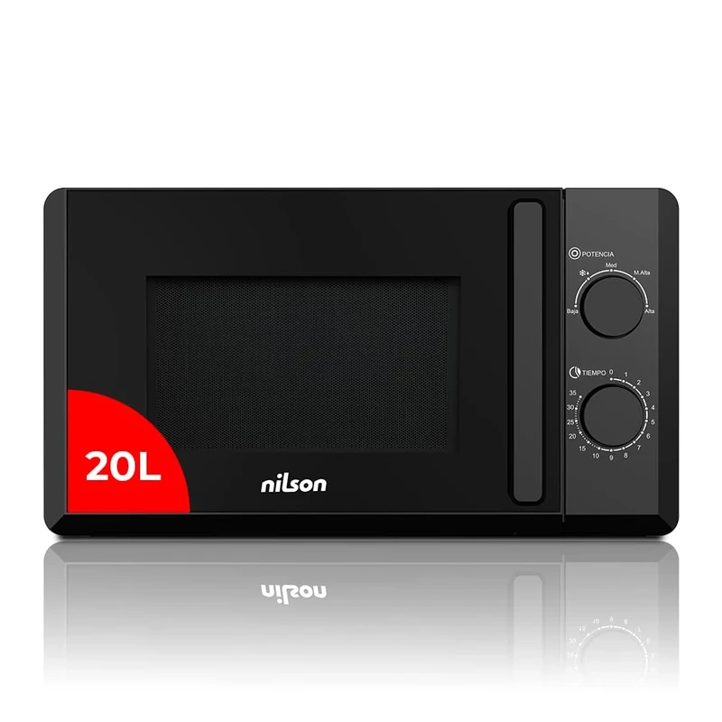 Nilson Microondas 20 Litros Básico Cristal Negro NMW2700N. 700W, 5 Programas, Modo Descongelación, Revestimiento Interior, Fácil Limpieza, Temporizador 35min.