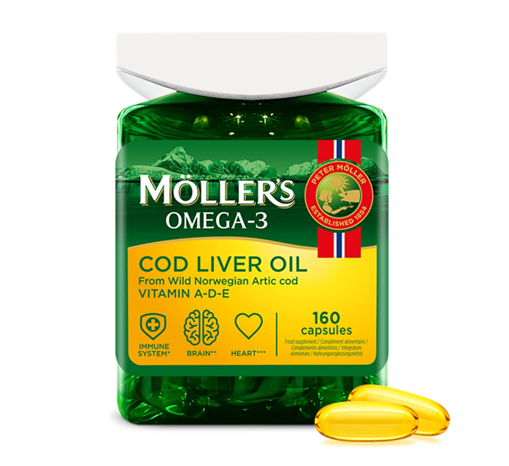 Moller’s ® | Cod Liver Oil Capsules | Omega 3 Fatty Acids DHA & EPA, Contains Vitamin A, D & E, Supports Immune System, Heart Function, Brain Function & Vision | 160 Units