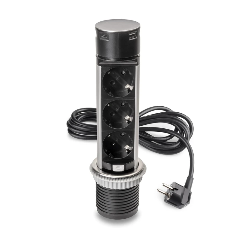 Emuca - Vertikal Push 60 Pull-Out Multi-Connector, diametre 60mm, 3 x Schuko Plugs, 1 x USB Type A, 1 x USB Type C, Steel and Plastic, Stainless Steel
