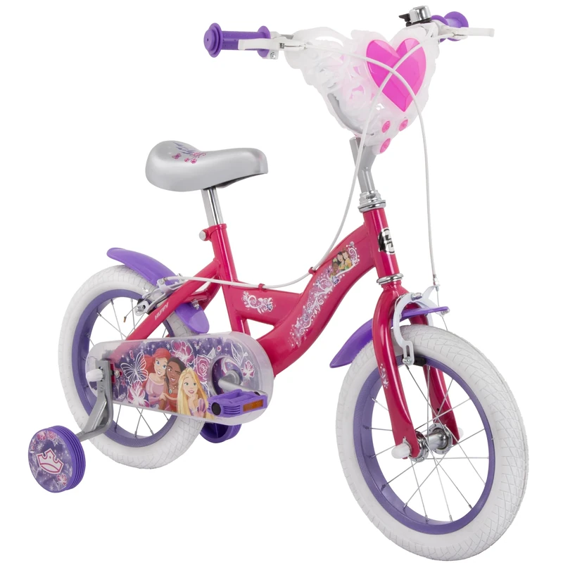 Huffy Disney Princess 14" Girls Bike with Handle Bar Basket, Removable Stabilisers, Bell, Front and Rear Mudguards, Enclosed Chain, Girls’ Bicycle Ideal for Ages 4-6 Years - Metallic Dark Pink