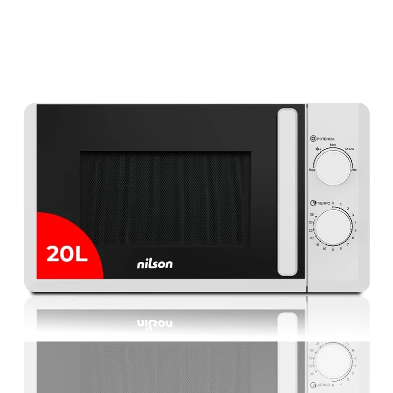 Nilson Microondas 20 Litros Básico Blanco NMW2700. 700W, 5 Programas, Modo Descongelación, Revestimiento Interior, Fácil Limpieza, Temporizador 35min.