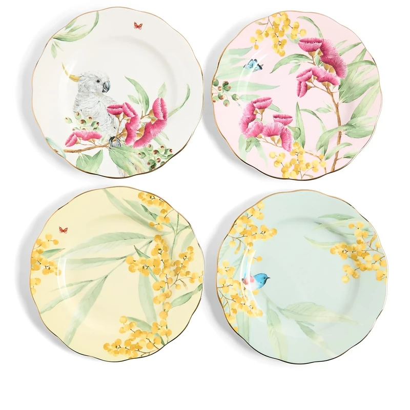 Royal Albert Miranda Kerr Australiana Fine Bone China Plates, Set of 4, Gold-Trimmed Floral Design with Native Birds - Image 1