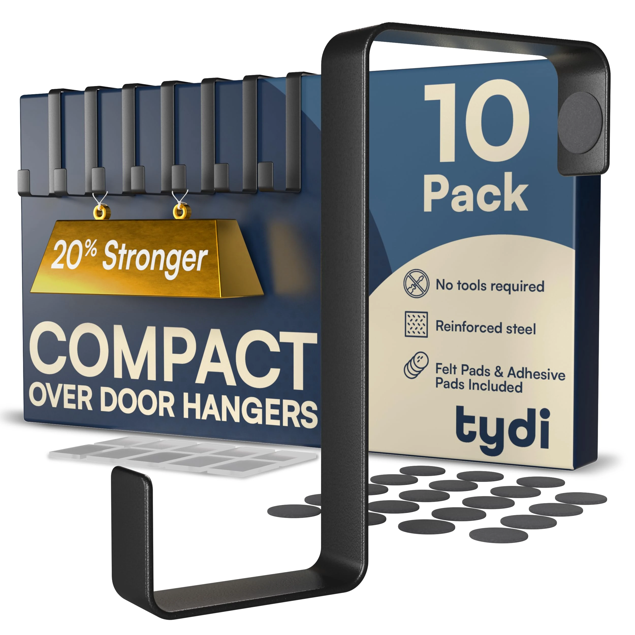 Tydi Compact Over Door Hanger (10 Pack) – Holds 6KG – Reversible Fit for 3.6cm & 4.6cm Doors – Thick Stainless Steel Over Door Hooks with Felt & Adhesive Pads – Black