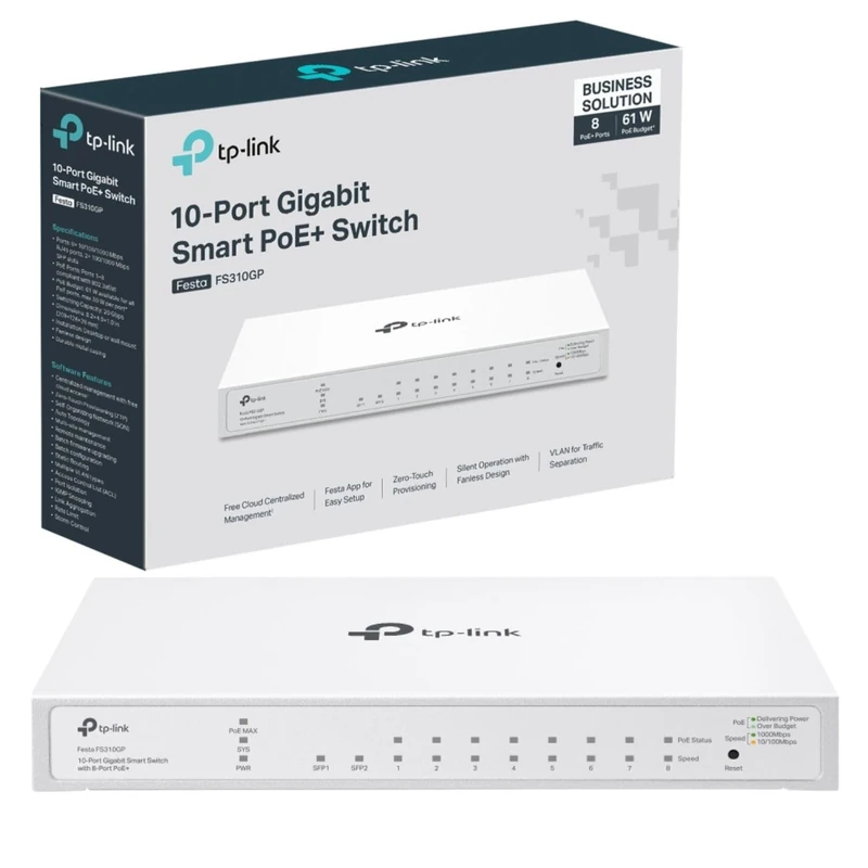 TP-Link Festa Festa FS310GP 10-Port Gigabit Switch, 8 Port Gigabit 802.3af, at PoE plus, 2 Gigabit SFP Slots, 61W Total PoE Budget, Up to 30W PoE Power per Port, Cloud Management