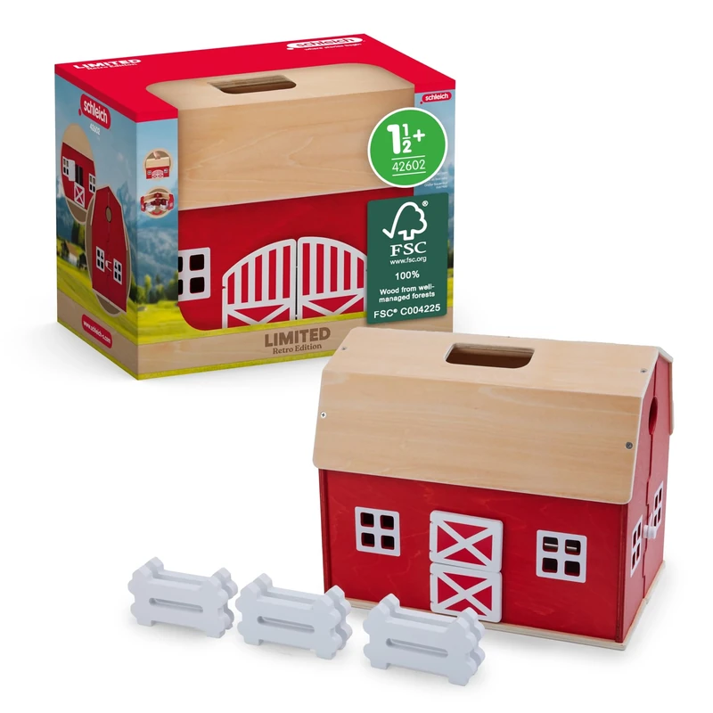 SCHLEICH Farm World - 42602 - Retro Wooden Barn Anniversary Edition - Vintage Barn Playset with Fences Toy for Imaginative Play - Modular Playset for Toddlers and Kids Ages 3+