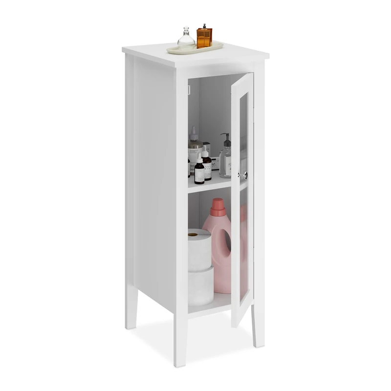 Relaxdays Bathroom Cabinet, HWD: 81x30x33 cm, 2, Door, MDF, Slim Toilet Shelving Unit, Storage Cupboard, White, Plastic, Silicone, Fibreboard