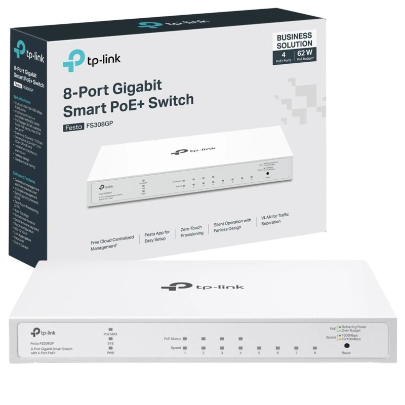 TP-Link Festa FS308GP - 8-Port Gigabit PoE plus Switch, 4 PoE Ports, 62W, Cloud Management, Security, Easy Deployment in Enterprise Networks