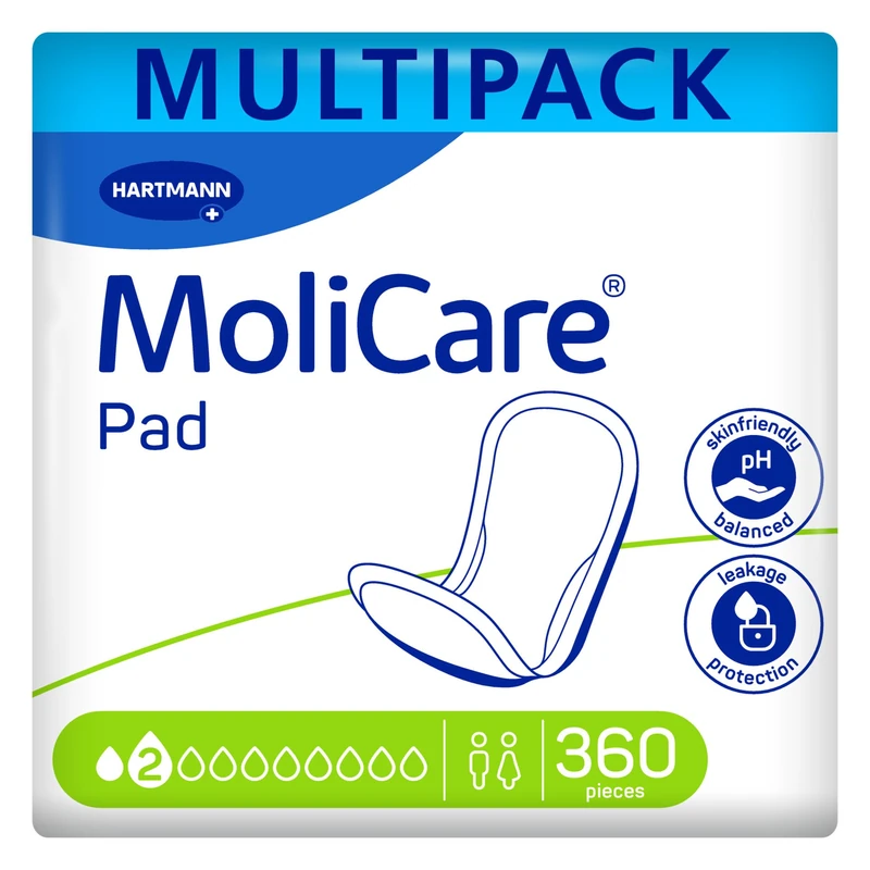 MoliCare Pad 2 Drops Discreet Incontinence Pads for Women and Men with Light Bladder Weakness | Odour Neutraliser | Leakage Protection | Skin Protection | 12 Packs of 30 Pads (360 Pieces)