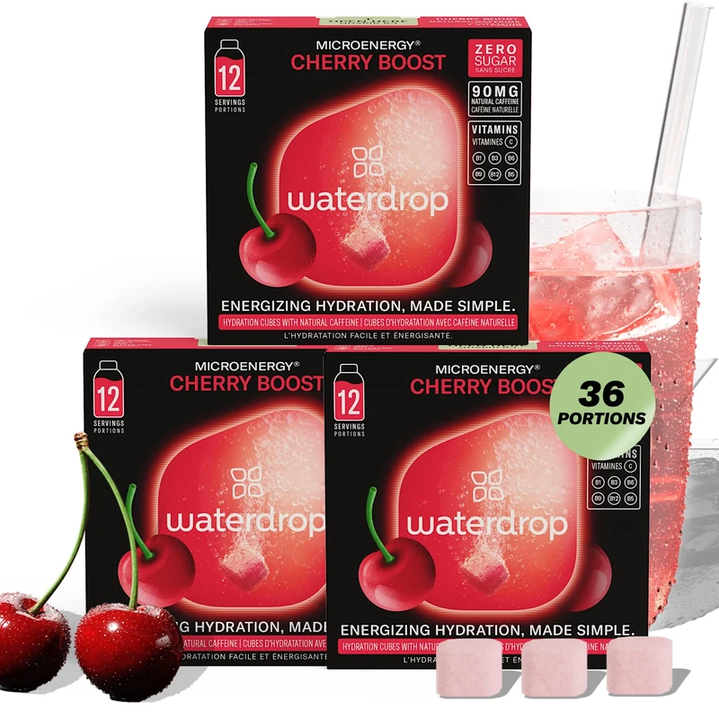 waterdrop® Microenergy Set, Energy Drink, 36 Water Flavouring Hydration Cubes in Cherry Flavour, Sugar Free, Low Calorie Fizzy Drinks, 90 mg Natural Caffeine, Vitamin C and B