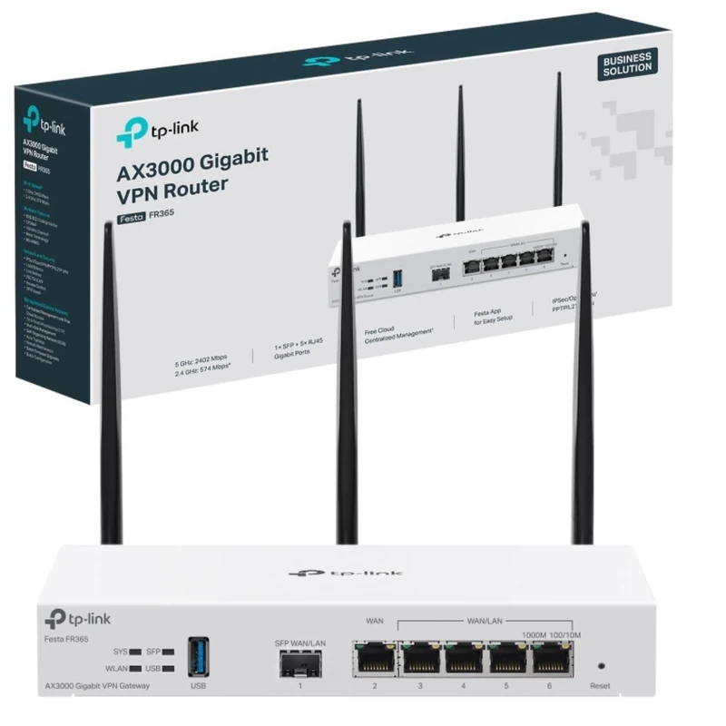 TP-Link Festa FR365 AX3000 Gigabit VPN WiFi Gateway, Free Cloud Management, WiFi 6 AX3000, 6 x Gigabit Ports (including 1 SFP), 1 x USB 3.0 WAN Port, Business Level Quality
