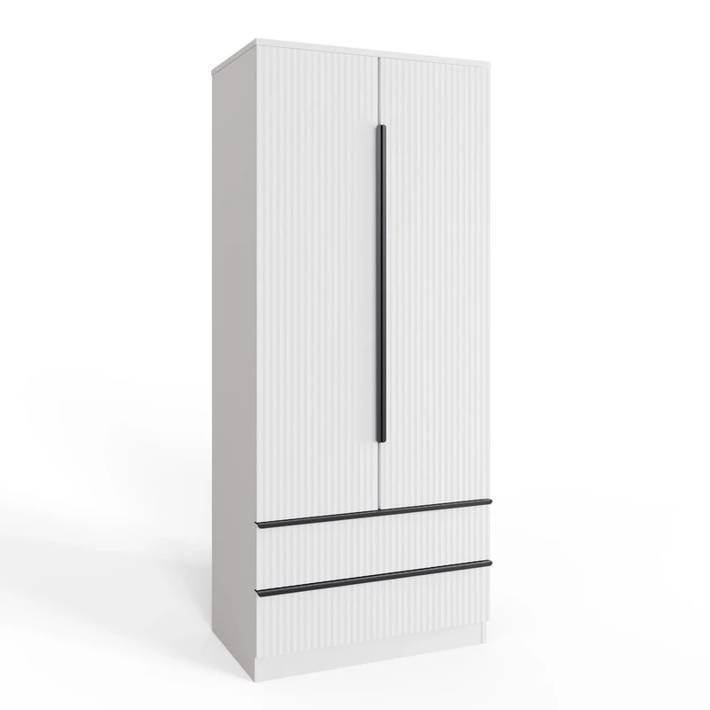 FWStyle Matt White 2 Door 2 Drawer Combination Wardrobe – Modern Bedroom Storage with Ripple Effect Doors, Hanging Rail & Black Handles, H181 x W80 x D47cm