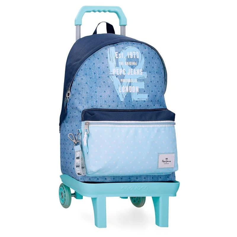 Pepe Jeans Noni Denim School Backpack with Portable Trolley 15.6 Inches Blue 31x42x17.5cm Polyester by Joumma Bags, blue, One Size, School Backpack with Trolley