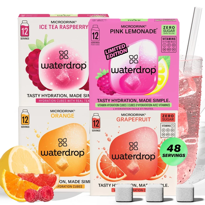 waterdrop® Microdrink Lemonade Set - 48 Water Flavouring Hydration Tablets, Flavoured Water Cubes in Orange, Ice Tea Raspberry, Grapefruit & Pink Lemonade Flavours, with Vitamin C, Vegan, Sugar Free