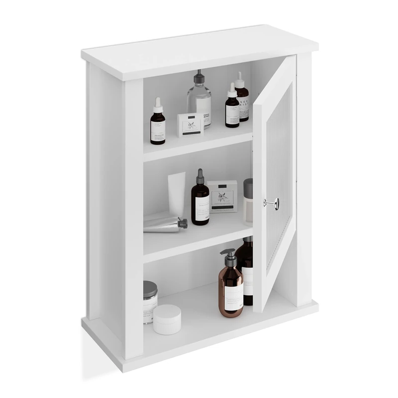 Relaxdays Bathroom Wall Cabinet, 3 Shelves, Door with Acrylic Glass, Narrow Hanging Cupboard, 52 x 42 x 18 cm, White, Fibreboard, Plastic