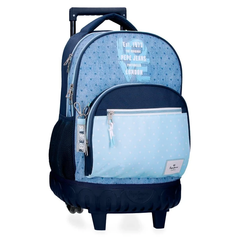 Pepe Jeans Noni Denim Backpack Compact 2-Wheels Blue 32x43x21cm Polyester by Joumma Bags, blue, One Size, Compact Backpack 2 Wheels