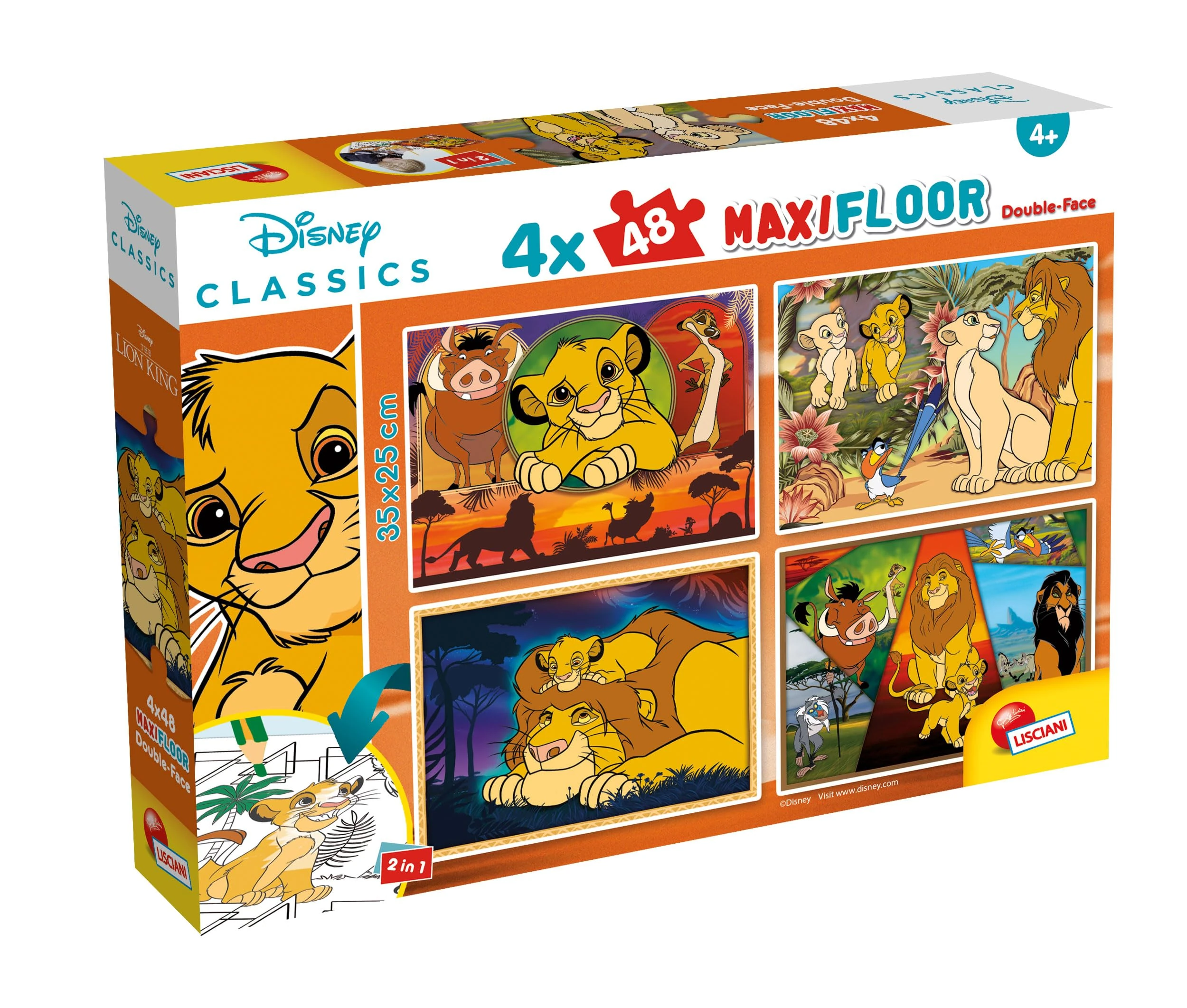 Lisciani - DISNEY Puzzle - LION KING Maxifloor - Puzzle 4 x 48 Pieces - Double Sided for Children from 4 years - Scenes to Colour on the Back - Format 35x25 - Creative Activity - Birthday Gift Idea