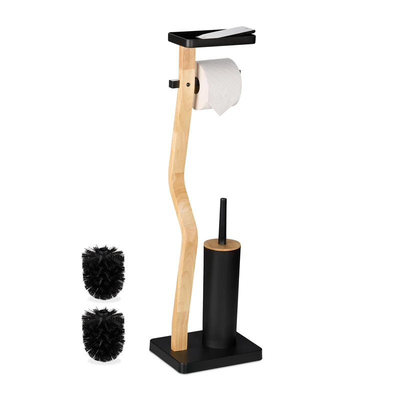 Relaxdays Toilet Roll Holder and Brush Set, 80.5 x 23 x 18 cm, Freestanding, Bathroom Accessories with Shelf, Black