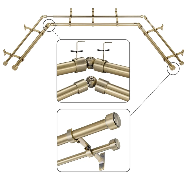Mayrhyme Antique Bronze Double Corner Window Curtain Rods with Aluminum End Cap Finials and Brackets,1 Inch Diameter Dual Bay Window Curtain Rods, Adjustable 2 Sided 32-58" and 32-86 Center Double Rod