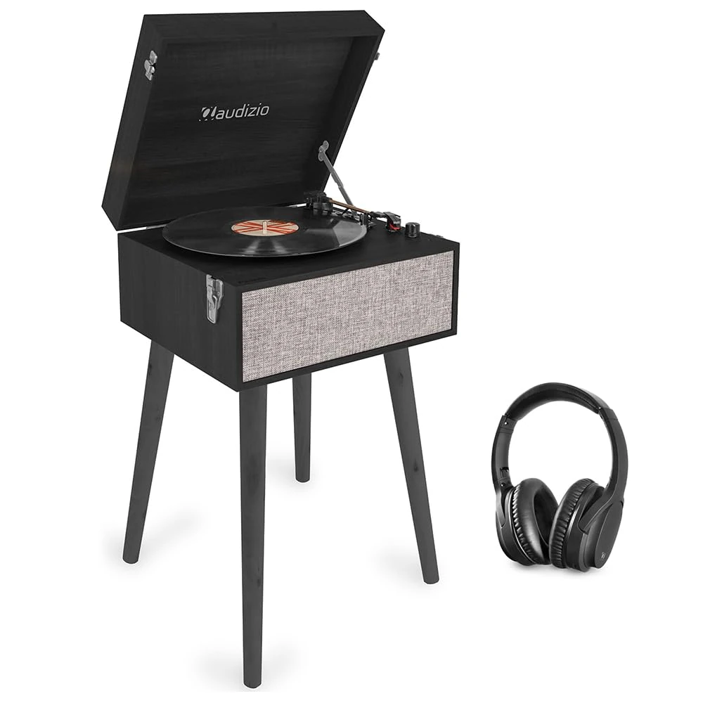 Audizio Fremont Retro Record Player with Legs, Wireless Headphones, Built-in Speakers, Bluetooth, USB MP3 Conversion, and 3-Speed Vinyl Playback – Black Turntable on Legs | record player on stand