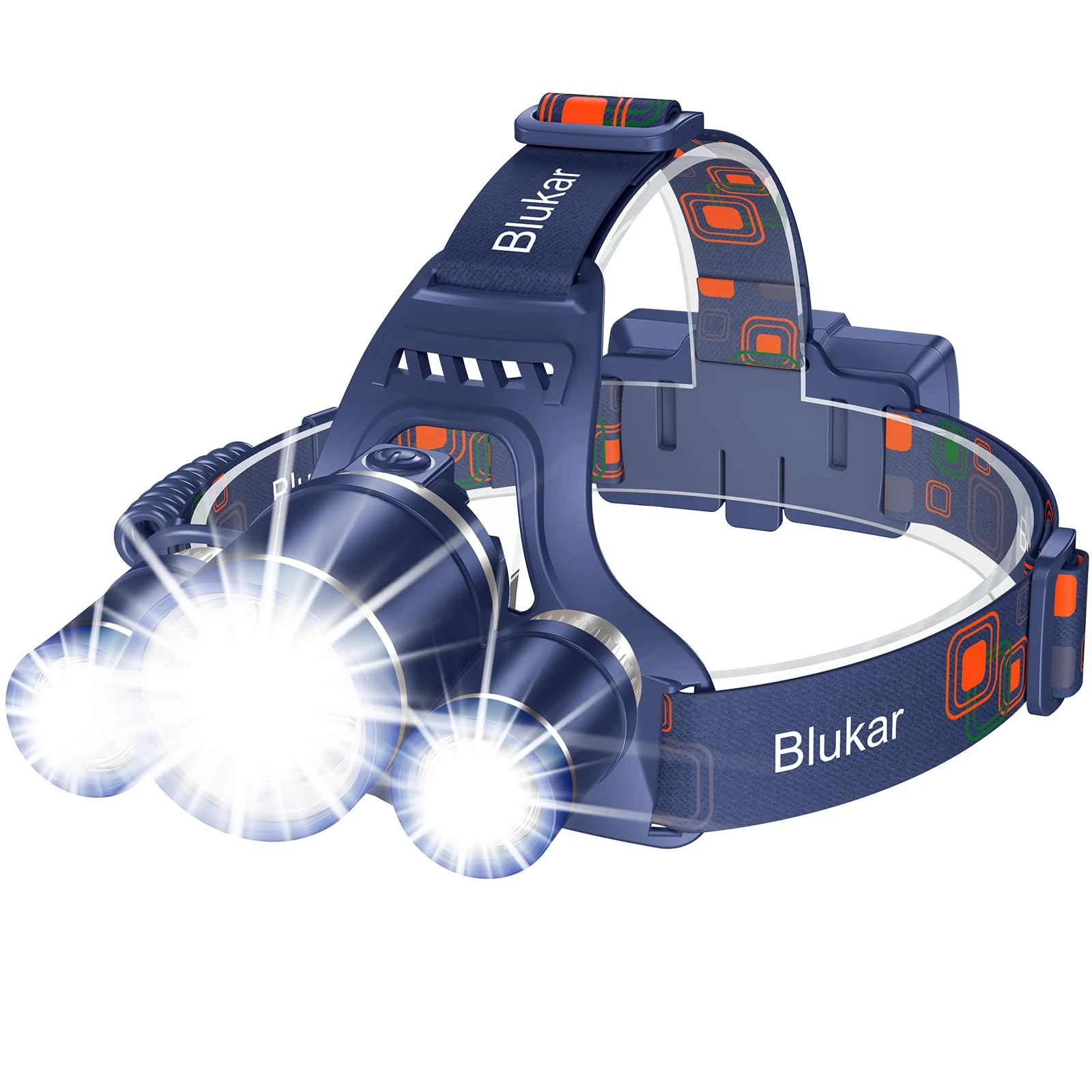 Blukar Head Torch Rechargeable, 8000L Super Bright Headlamp with 3 Lights 5 Modes, 4400mAh Capacity, 20 Hrs+ Runtime - IPX6 Waterproof Adjustable Focus Headlight for Running, Fishing etc-Dark Blue