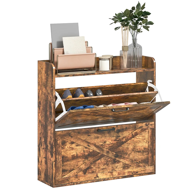 HOMCOM 2 Drawer Narrow Shoe Cabinet, Farmhouse Slim Shoe Storage Cabinet Cupboard with Adjustable Shelves and Barn Door Design for Entryway, Hallway, Rustic Brown