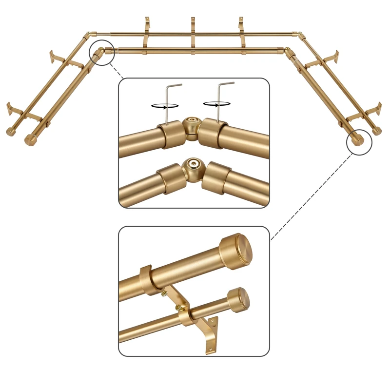 Mayrhyme Warm Gold Double Corner Window Curtain Rods with Aluminum End Cap Finials and Brackets,1 Inch Diameter Dual Bay Window Curtain Rods, Adjustable 2 Sided 32-58" and 32-86 Center Double Rod
