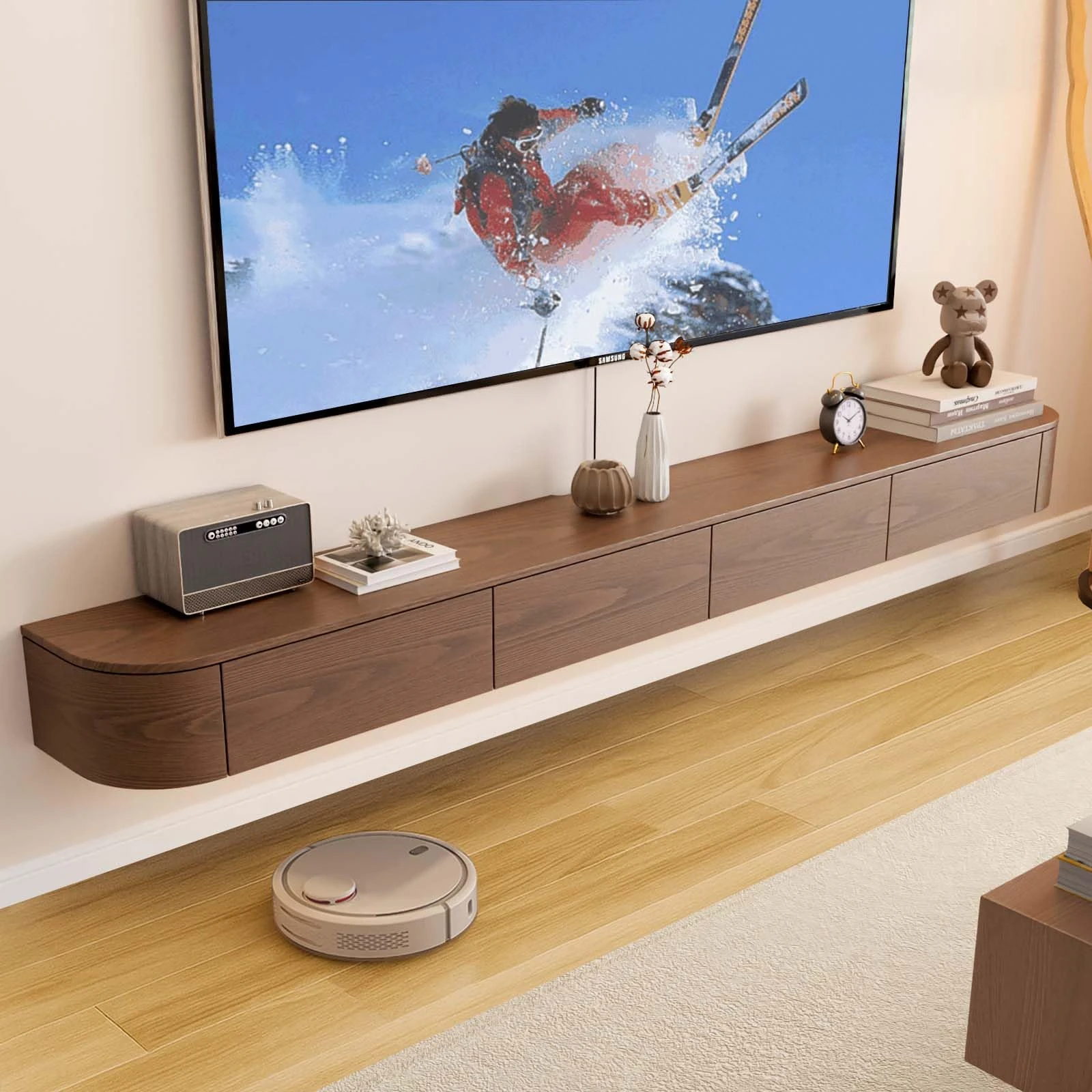 Ribanedy Solid Wood Modern Floating TV Stand | Wall-Mounted Entertainment Console with Flip-Top Doors | Spacious Storage TV Bench for Living Room & Office（Brown, 180cm）