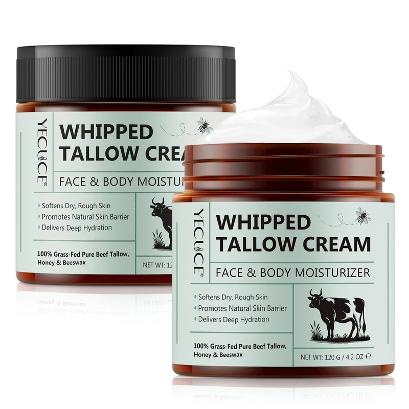 Beef Tallow for Skin Care 2 pack, Tallow and Honey Balm, Tallow Face Cream, Tallow Face Moisturizer, Organic Grass-Fed Whipped Tallow Balm with Raw Honey, Deep Hydration for Face & Body