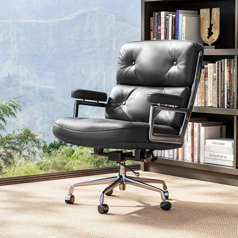 Redriver Genuine Leather Office Chair, Padded Mid Back Home Office Desk Chair with Thickened Lumbar Support Cushion, Aluminum Alloy Frame, 360° Swivel, High-Adjustable, Tilting and Rocking Function