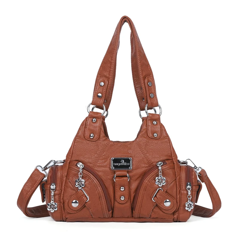 Angel Kiss Purses for Women Small Hobo Shoulder Bags Vagen Leather Multi-Pocket Tote Bag with Zipper, Brown 2