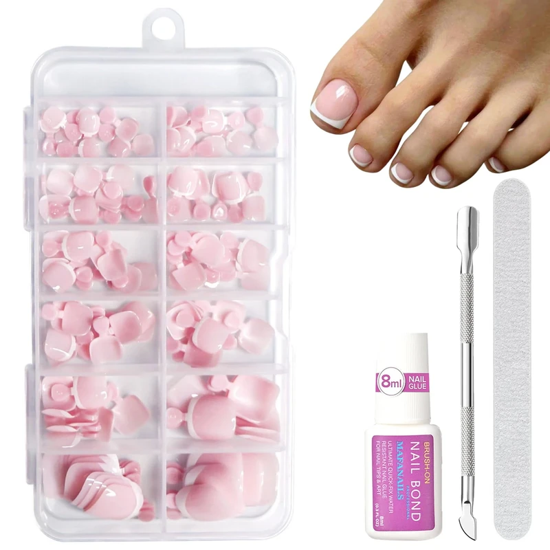 False Toenails Set - 120pcs Square Toe Nails Short With Nail Glue - French White Toe Nail Tips Nude Pink Fake Toe Nails - Full Cover Stick On Toenails For Women Girls Nail Art Manicure Decorations