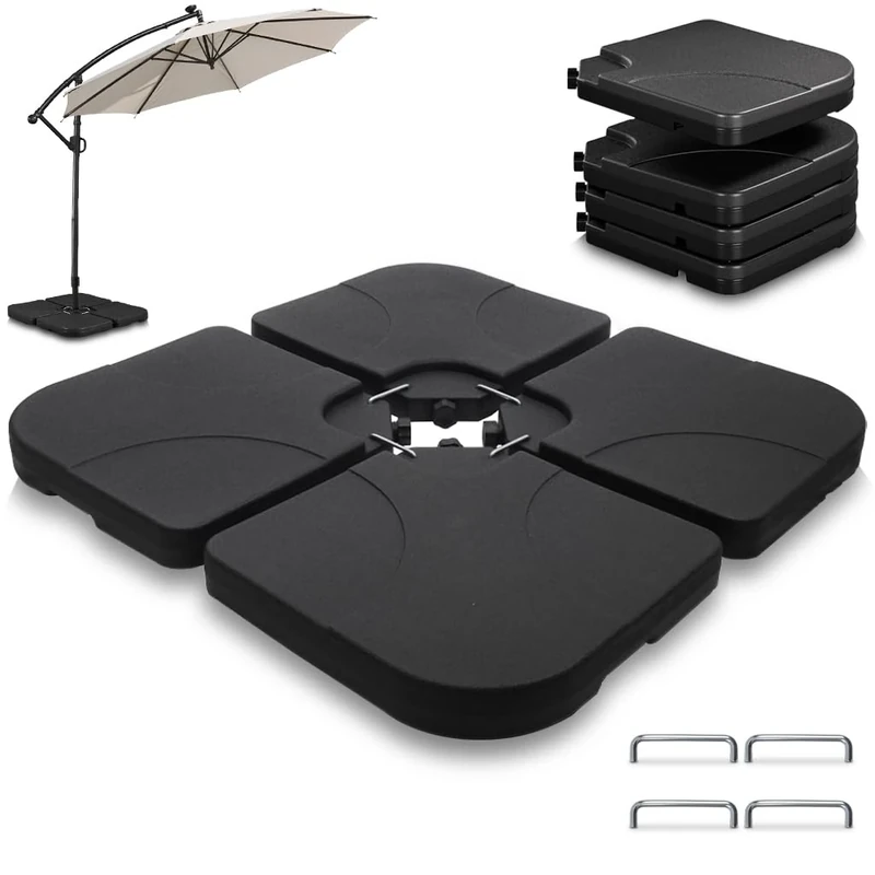 VOUNOT® Set of 4 Outdoor Umbrella Cantilever Parasol Base Stand Weights, Banana Umbrella Stand Plates with Carry Handle, Fillable with 60L Water or 100kg Sand, Black
