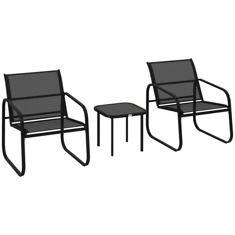 Outsunny Garden Bistro Set, 3 Piece Metal Garden Furniture Set with Mesh Chairs and Square Glass Top Table, Small Balcony Furniture for Outdoor, Patio, Conservatory, Black