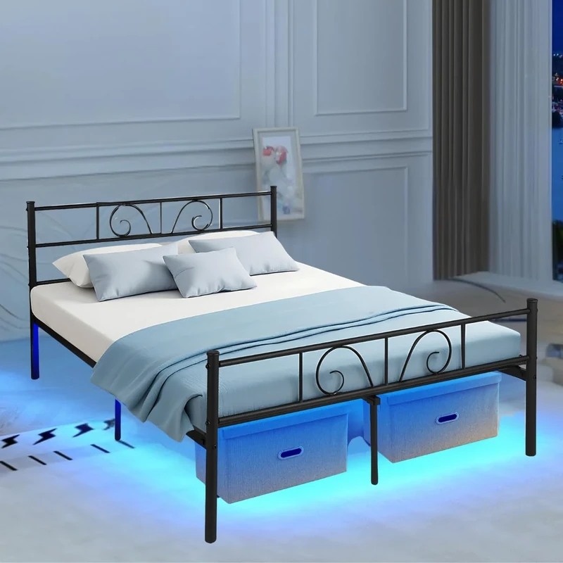 FurnitureR Metal Platform Bed Frame Solid Bedstead Base with Crochet-design Headboard Footboard, Underbed Storage Space Fits for Teenagers/Adults, Black(Single/Double) (4ft6 Double+LED Light)