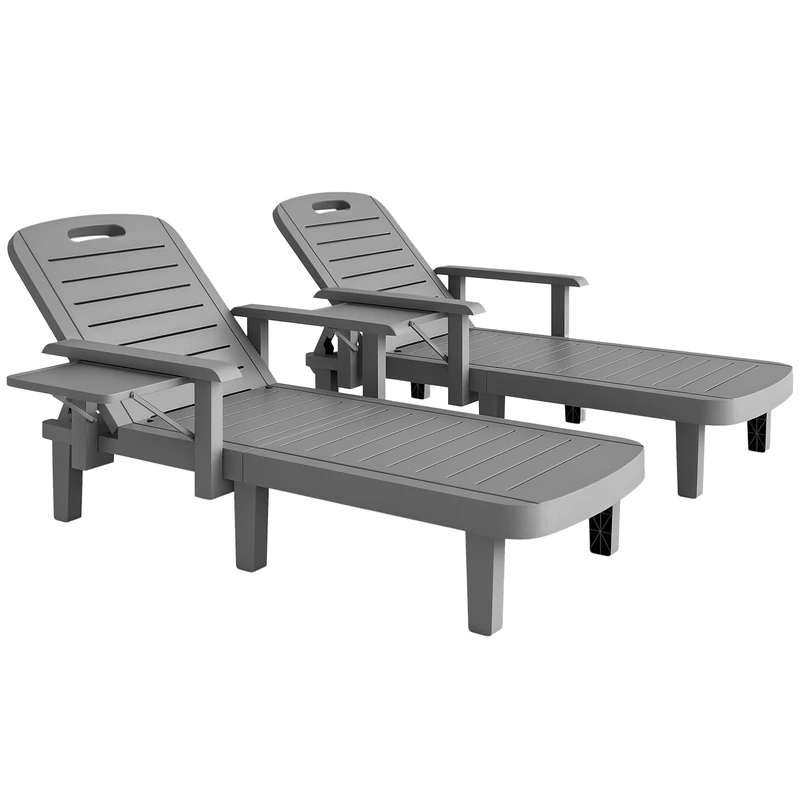 Outsunny Set of 2 Resin Reclining Sun Loungers for Garden, 5 Positions Adjustable Outdoor Chaise Lounge Chairs with Wood Texture Surface, Armrests, Foldable Side Table for Garden, Beach, Dark Grey