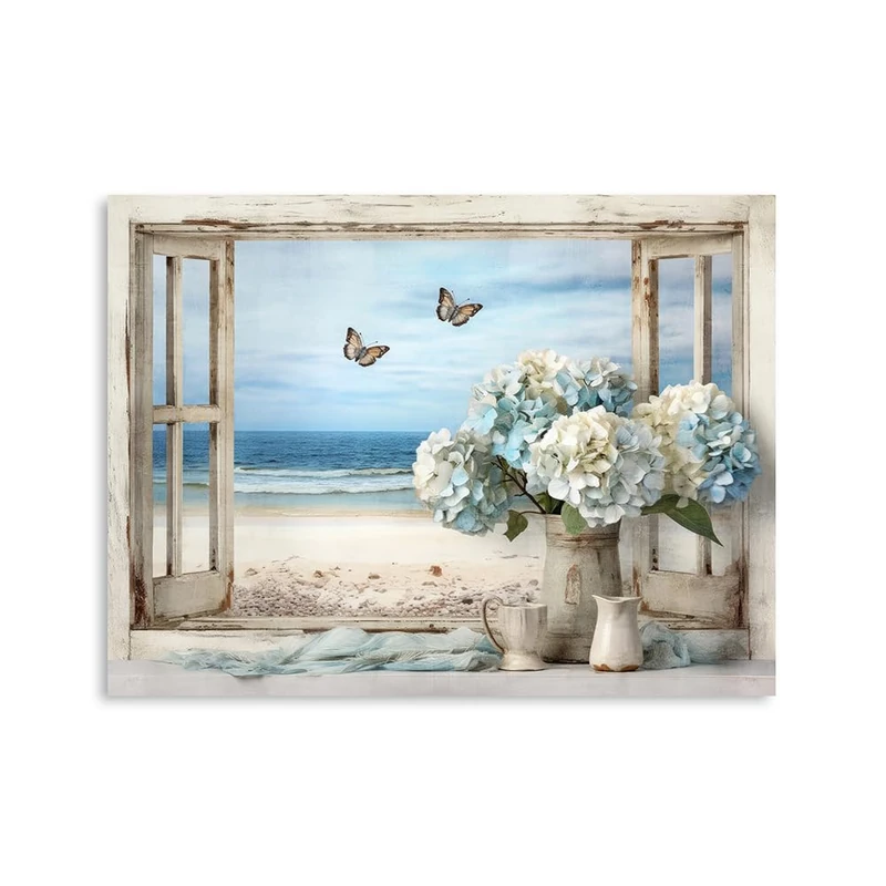 Vintage Ocean View Window Canvas Wall Art, High-Resolution Print with Fresh Blue and White Hydrangeas and Butterflies, Rustic Style Decor for Bathroom, Bedroom, Office Framed 24"x32"