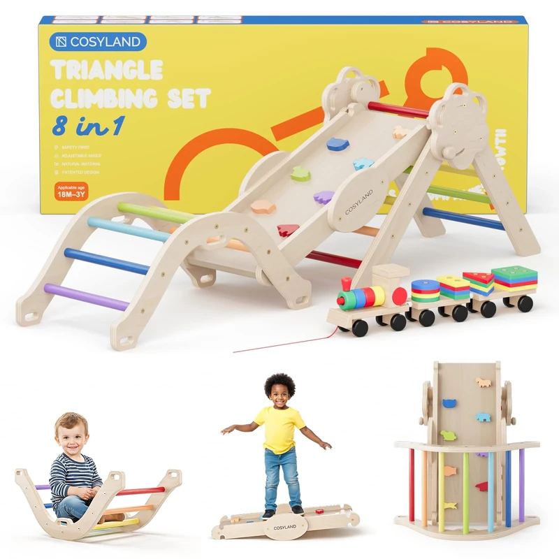 COSYLAND Indoor Climbing Frame for Toddlers – Wooden Triangle Toys with Ladder, Climbing Arch, Balance Board Climbing Toys for Kids Ages 1 - 3 (Rainbow,M)