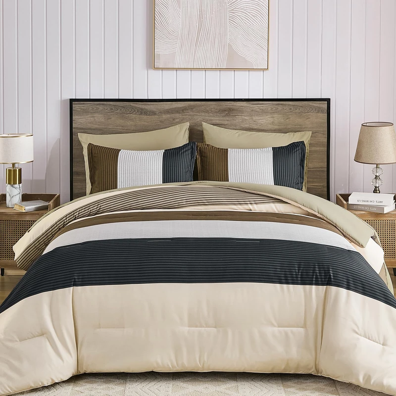 Anibedding 7 Pieces Striped Queen Size Comforter Set, Brown Black Soft Microfiber Down Alternative Farmhouse Bedding All Season with Comforter, Pillow Shams, Flat Sheet, Fitted Sheet and Pillowcases