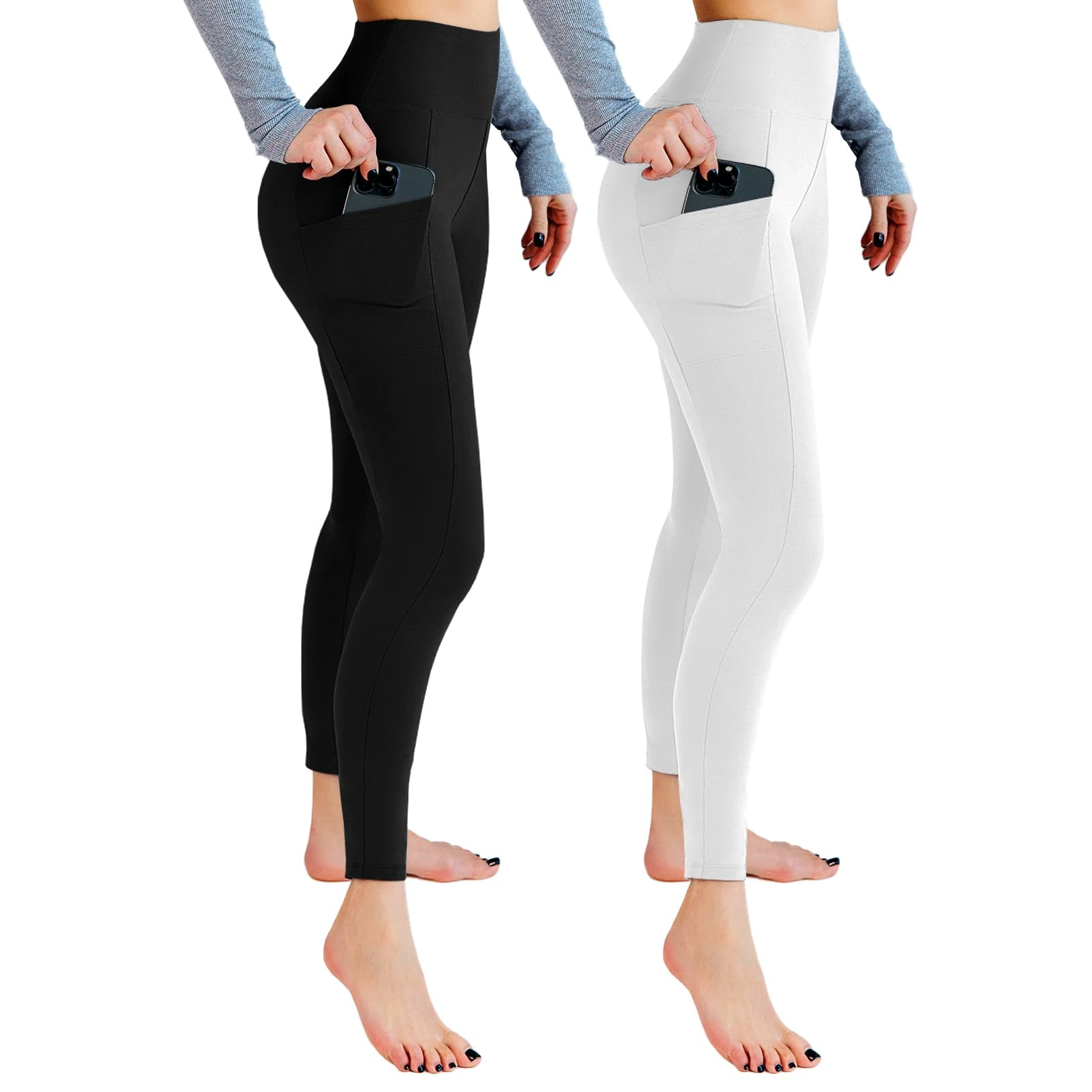 Leafigure 2 Pack Gym Leggings for Women High Waist Opaque Leggings with Pockets for Workout Sport Yoga Running Black/White SM
