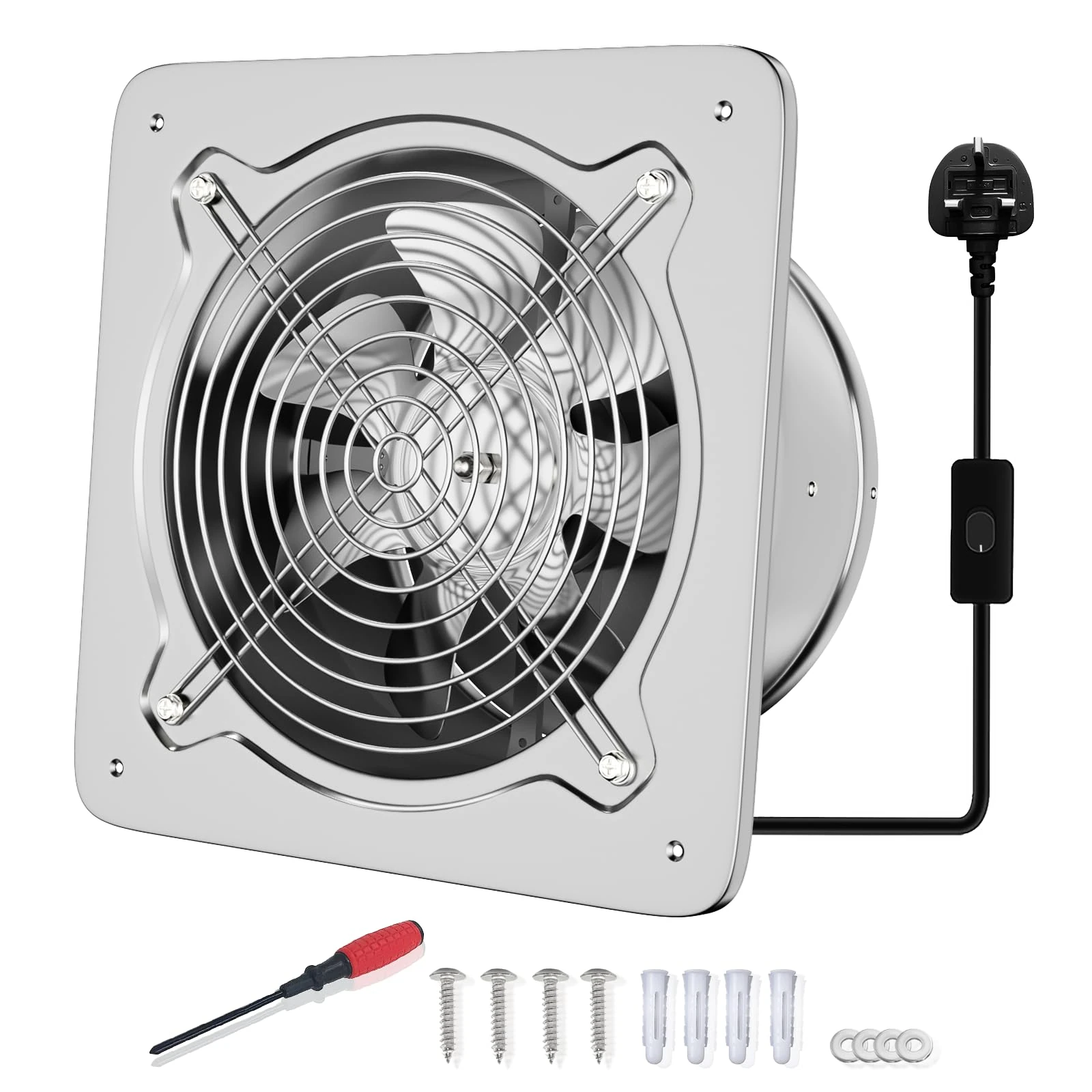 FanGoFast 6 Inch/150mm Kitchen Exhaust Fan 525m³/h Metal Extractor Fan with UK Plug Low Noise Stainless Steel Ventilation Fan for Warehouse Home Restaurant Garage (Silver, 150mm)