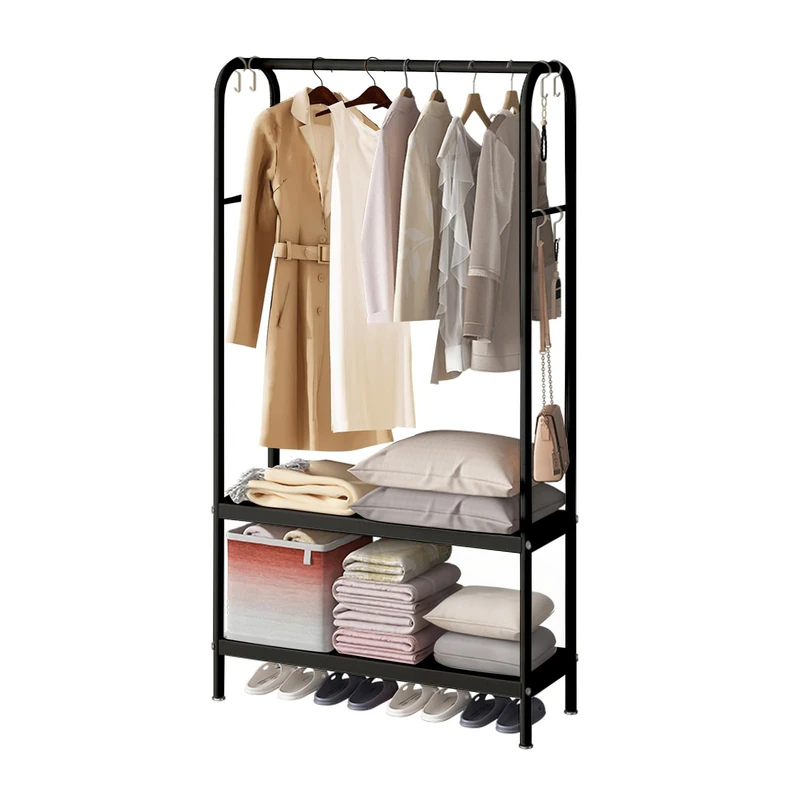 Zstar Metal Clothes Rack for Hanging Clothes, Freestanding Clothes Rack with 2-Tier Shelves, 6 Hooks, Coat Stand for Shop, Bedroom, Dressing Room, 80 x 33 x 172 cm, Black