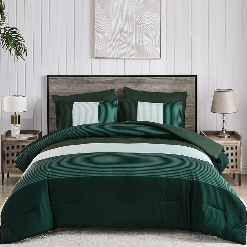 Anibedding Dark Green Comforter Set Queen, 7 Piece Green Striped Bed in a Bag, Soft Microfiber All Season Bedding Set with Comforter, Sheets, Pillowcases & Shams
