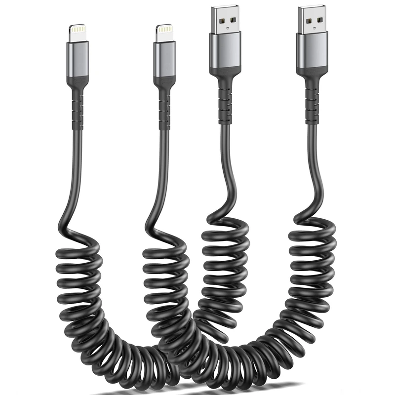 Coiled Lightning Cable 2Pack, MFi Certified Short iPhone Charger Cable Apple Carplay Cable Retractable USB A to Lightning Cord for iPhone 14 13 12 11 Pro Max XR XS X 8 Plus SE