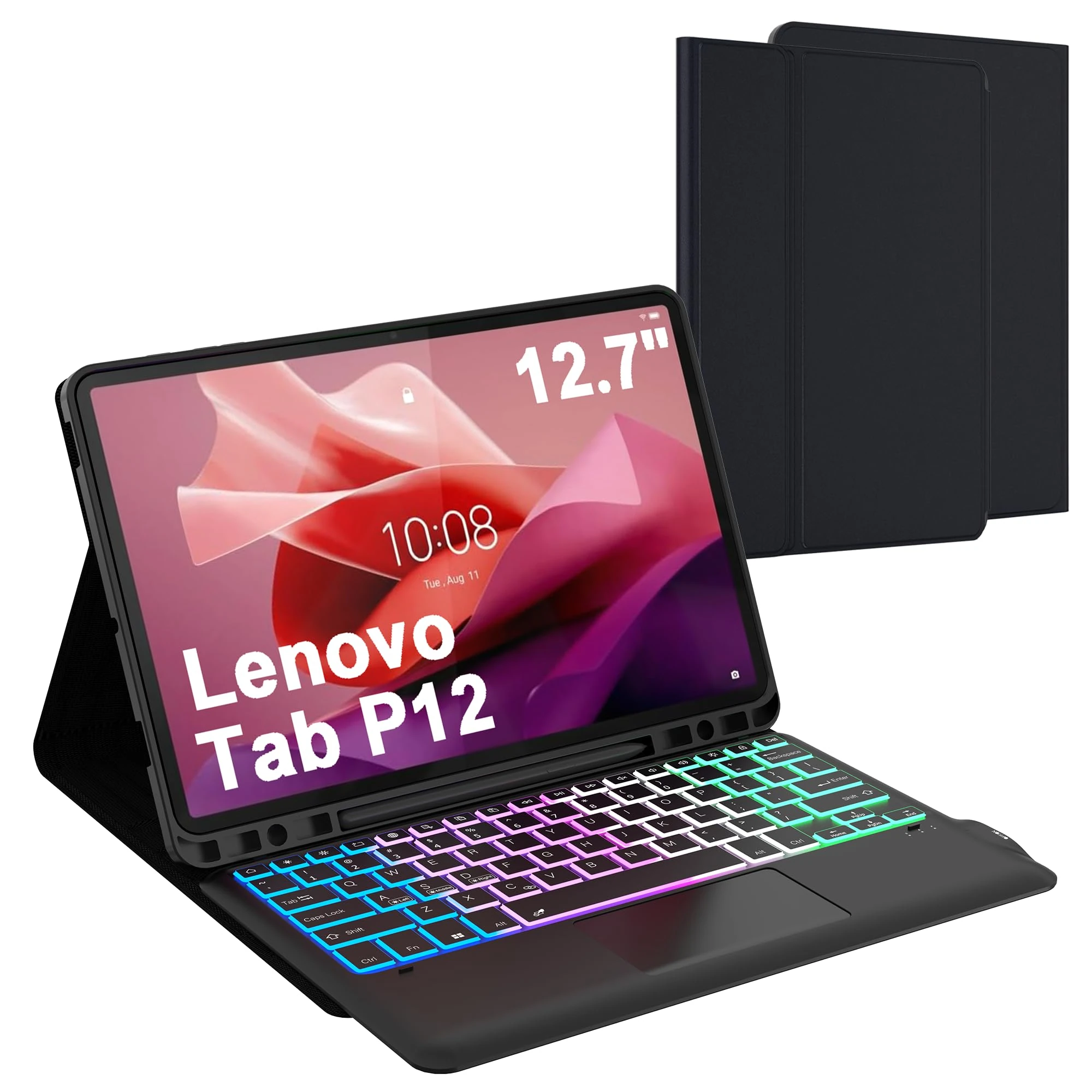for Lenovo Tab P12 2023 12.7 inch Keyboard Case: 3 Zone 7 Colors Backlit Trackpad Keyboard for 12.7" Lenovo Tablet P12 2023 - Detachable Smart Touchpad Wireless Keyboard Folio Cover with Pen Holder