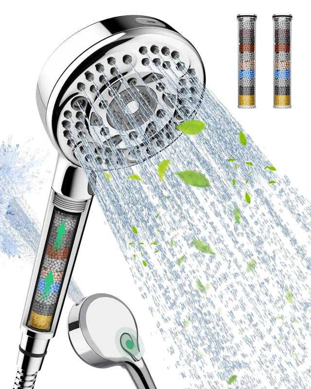 Filtered Shower Head and Hose, 9-Spray Setting High Pressure Shower Head with Filters for Hard Water - Filtered Chlorine (Chrome,2 Filters)