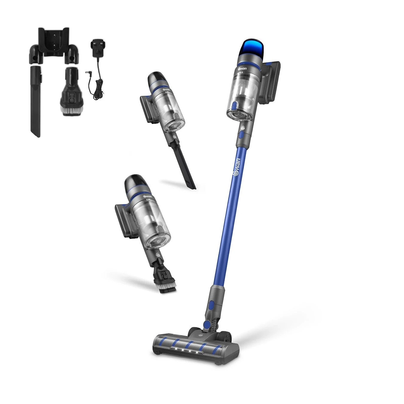 Swan SC15825N Dust Master 29.6V Cordless Stick Vacuum with 3 Speed Settings, Rechargeable Battery, Anti-Tangle Floorhead, Includes 2-in-1 Crevice Tool, Long Nozzle, Motorised Pet Tool, Blue