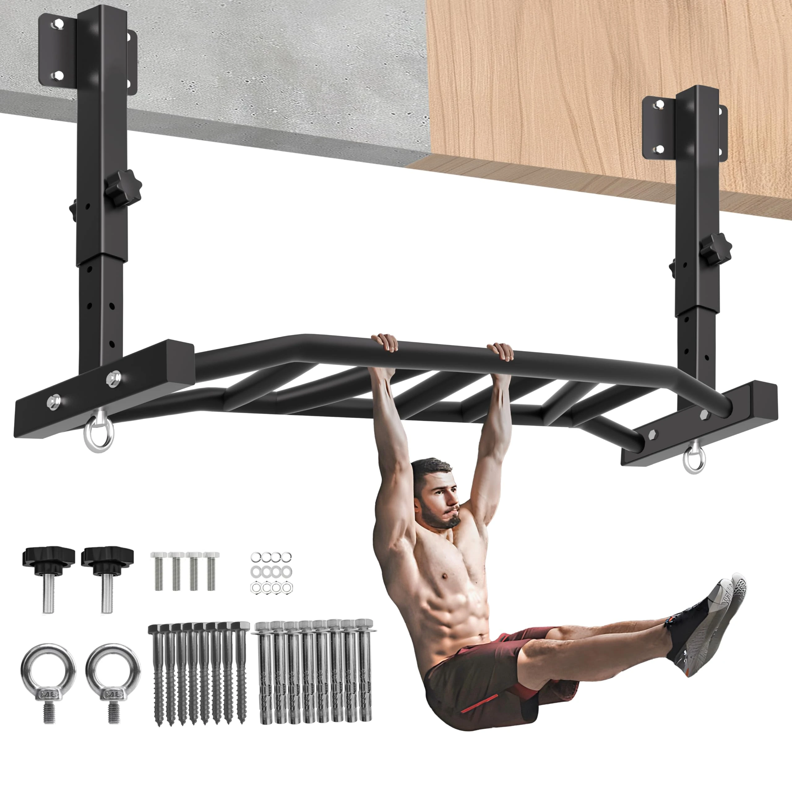 48" Joist Mounted Pull Up Bar, Multi-Grip Ceiling Mount Chin Up Bar for Garage, Basement, Beam, Rafter, Truss Easy installation, Heavy Duty, Adjustable Height, Cross Training Strength Building