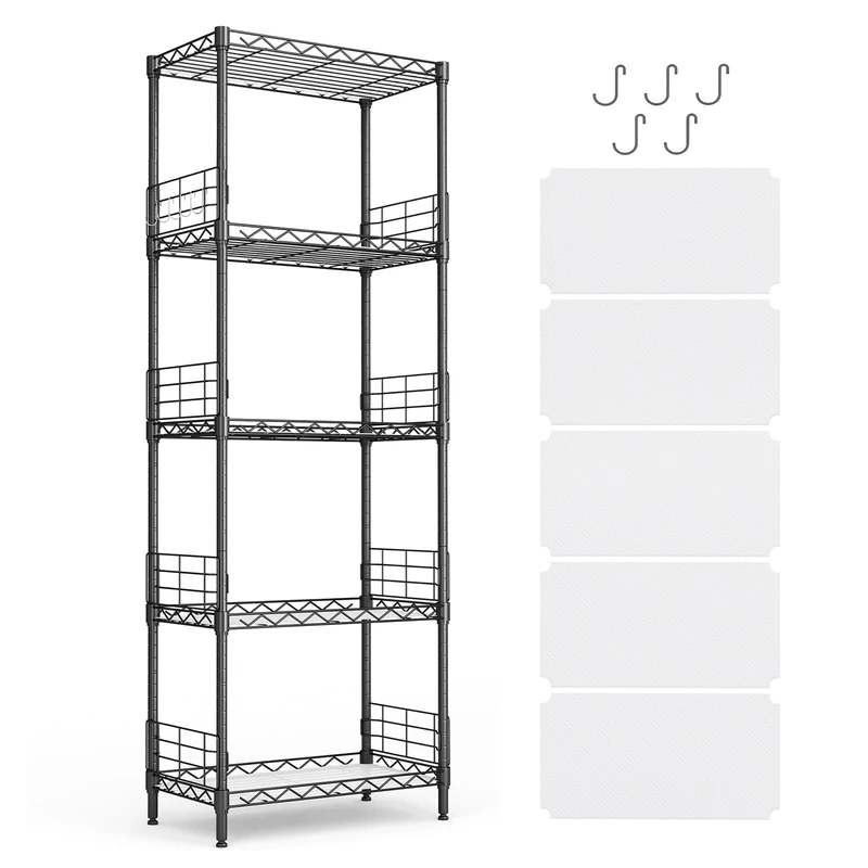 LINSY HOME Standing Shelving with 5 Shelves, Metal Storage Shelf with Removable Hooks for Basement, Living Room, Office, Maximum Load 225 kg, 54 x 29 x 150 cm H (Black)